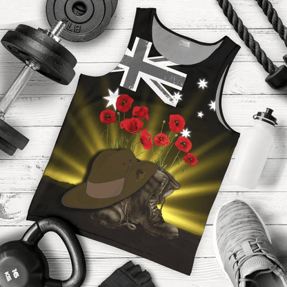 Australia Anzac Day Men's Tank Top Lest We Forget Hat And Boots Poppies