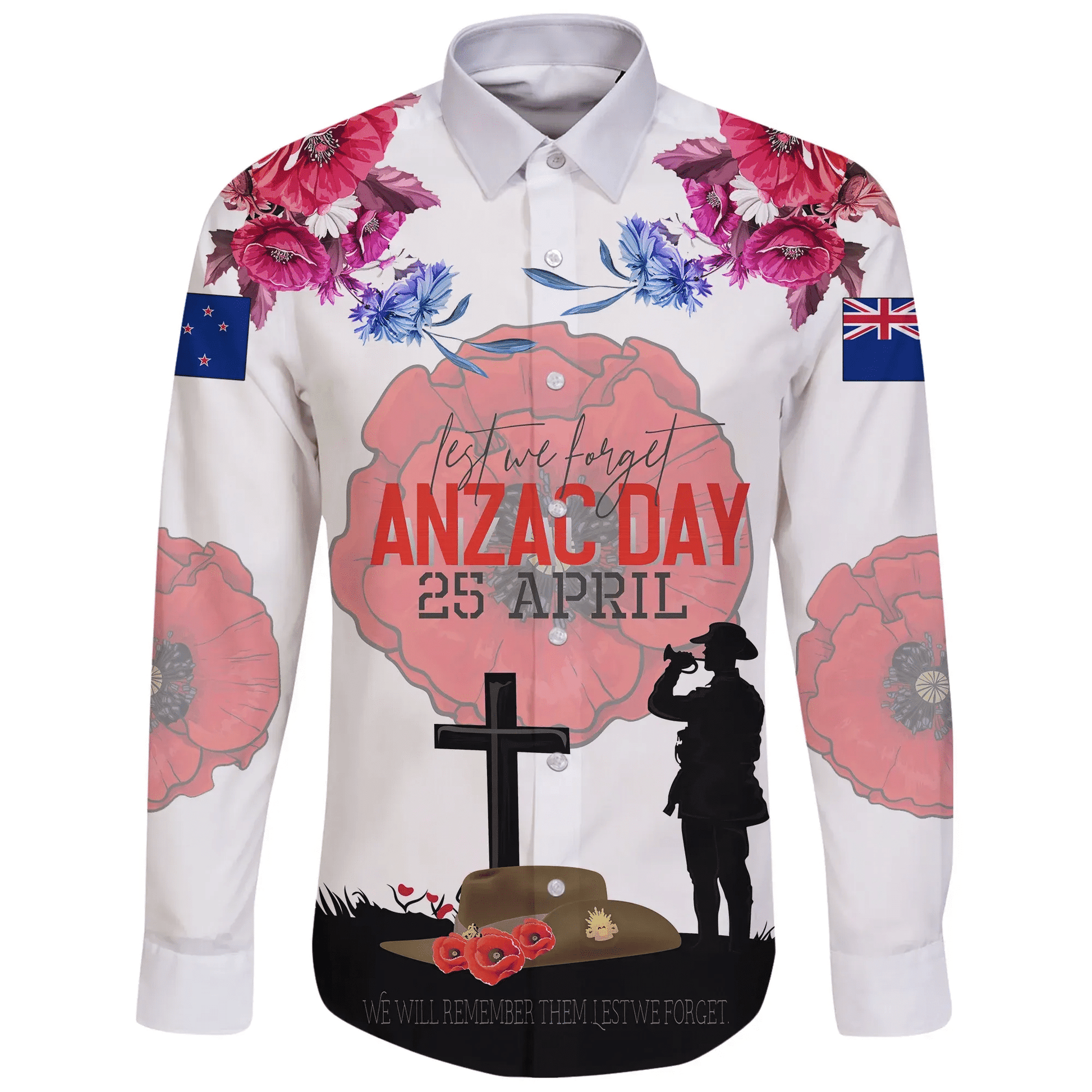 New Zealand “Lest We Forget Anzac Day” Long Sleeve Button Shirt