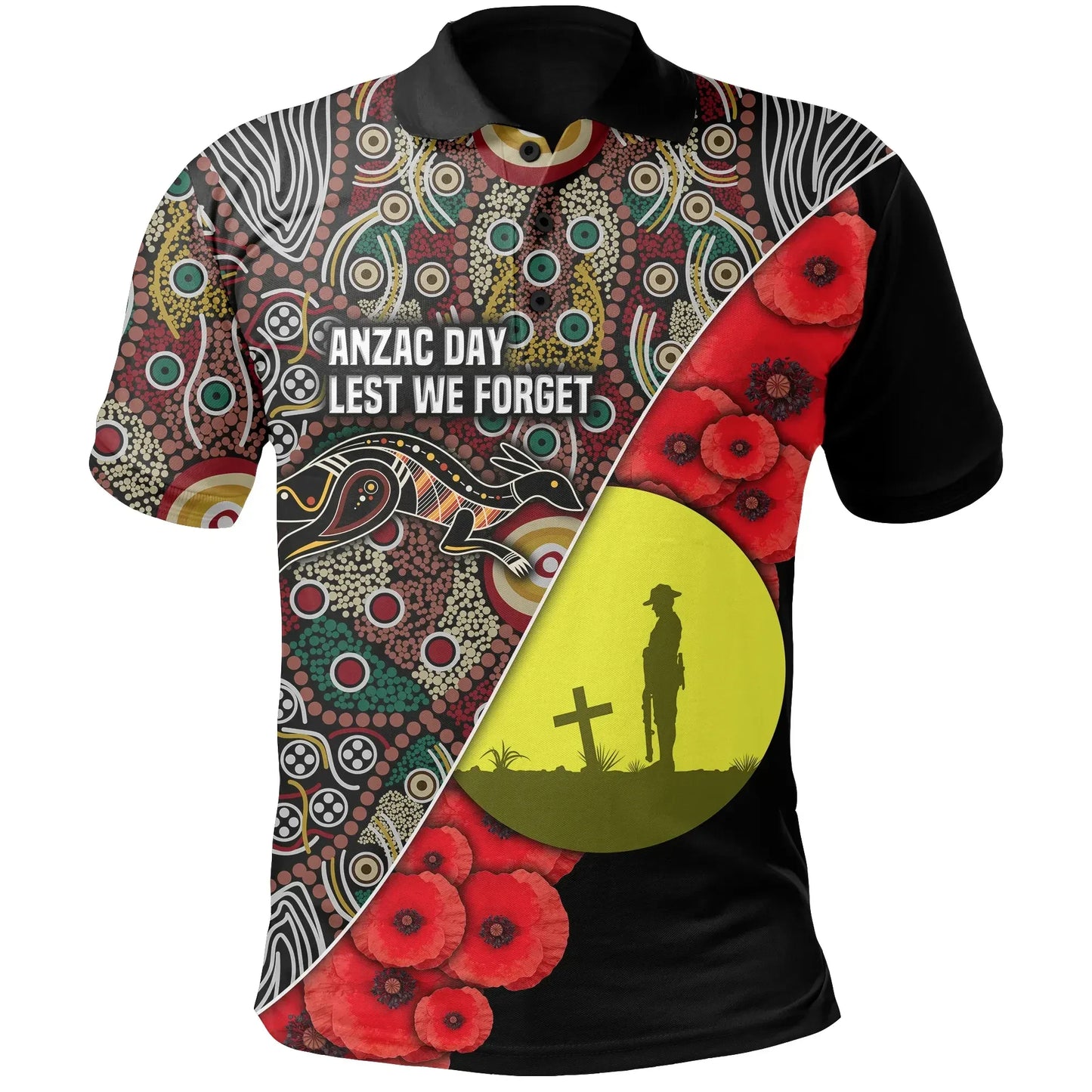 Custom Personalised Australian Anzac Day Polo Shirt Aboriginal Flag Style
