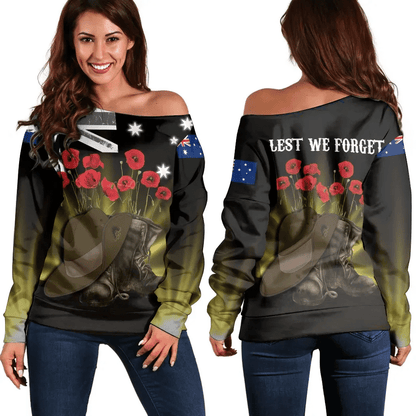 Australia Anzac Day Off Shoulder Sweater Lest We Forget Hat And Boots Poppies