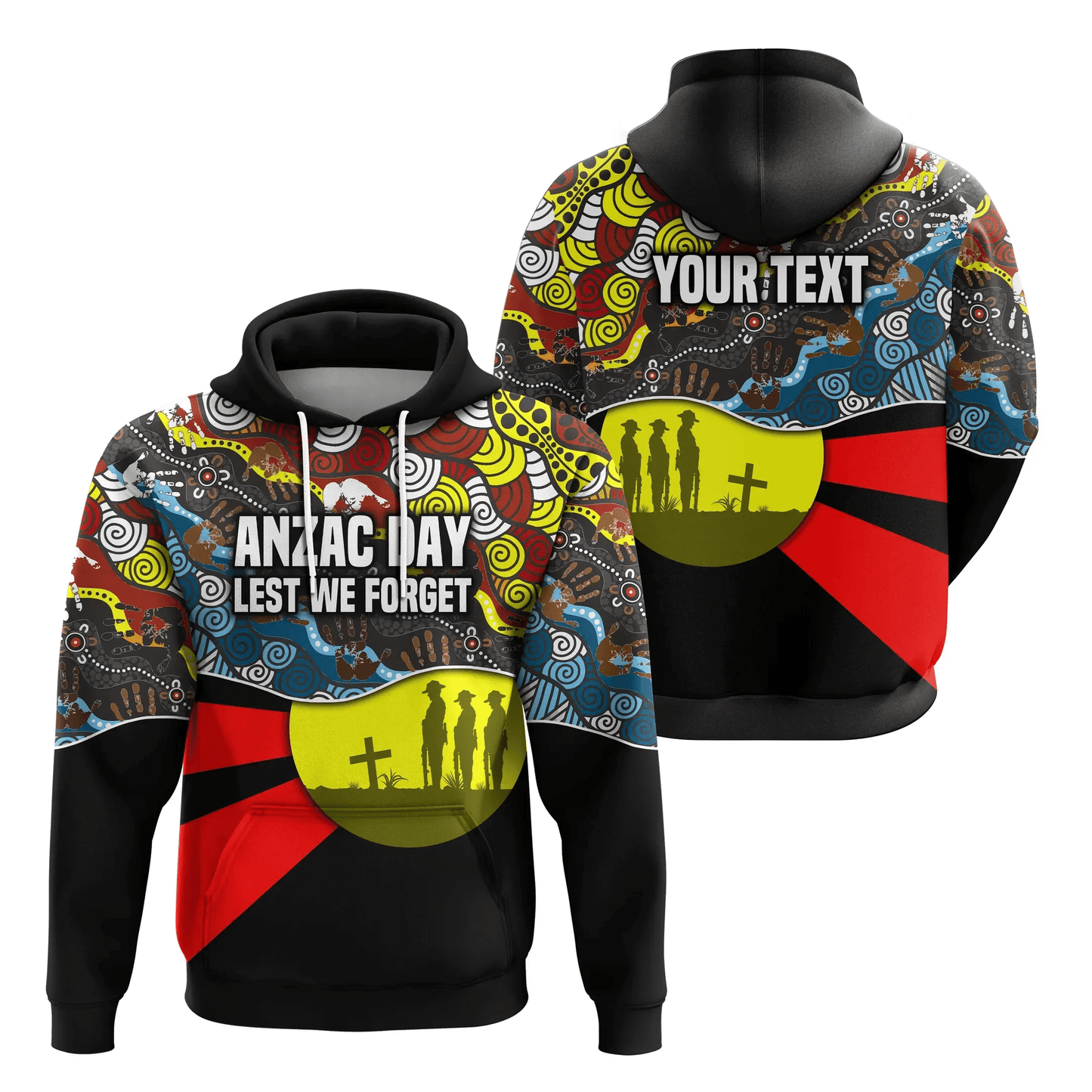 Custom Personalised Australian Anzac Day Hoodie Aboriginal Sun Style