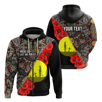 Custom Personalised Australian Anzac Day Zip Hoodie Aboriginal Flag Style
