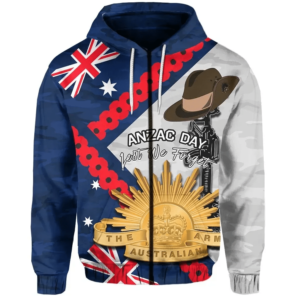 Australia Flag Anzac Day Zip Hoodie Army