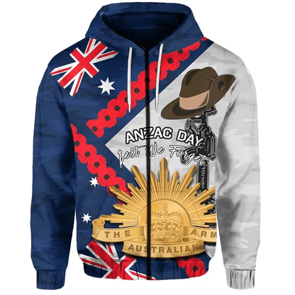 Australia Flag Anzac Day Zip Hoodie Army