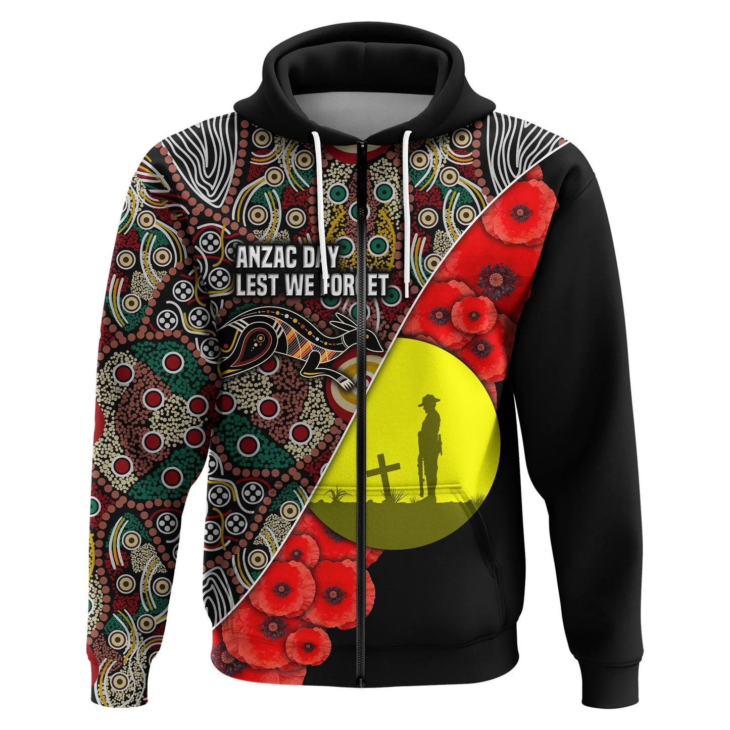 Custom Personalised Australian Anzac Day Zip Hoodie Aboriginal Flag Style