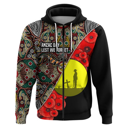Custom Personalised Australian Anzac Day Zip Hoodie Aboriginal Flag Style