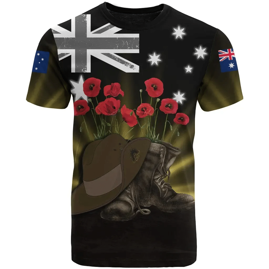 Australia Anzac Day T Shirt Lest We Forget Hat And Boots Poppies