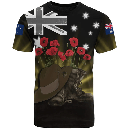 Australia Anzac Day T Shirt Lest We Forget Hat And Boots Poppies