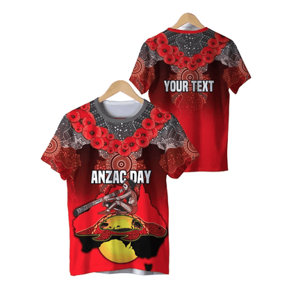 Custom Personalised Australian Anzac Day T Shirt Indigenous Flag Style
