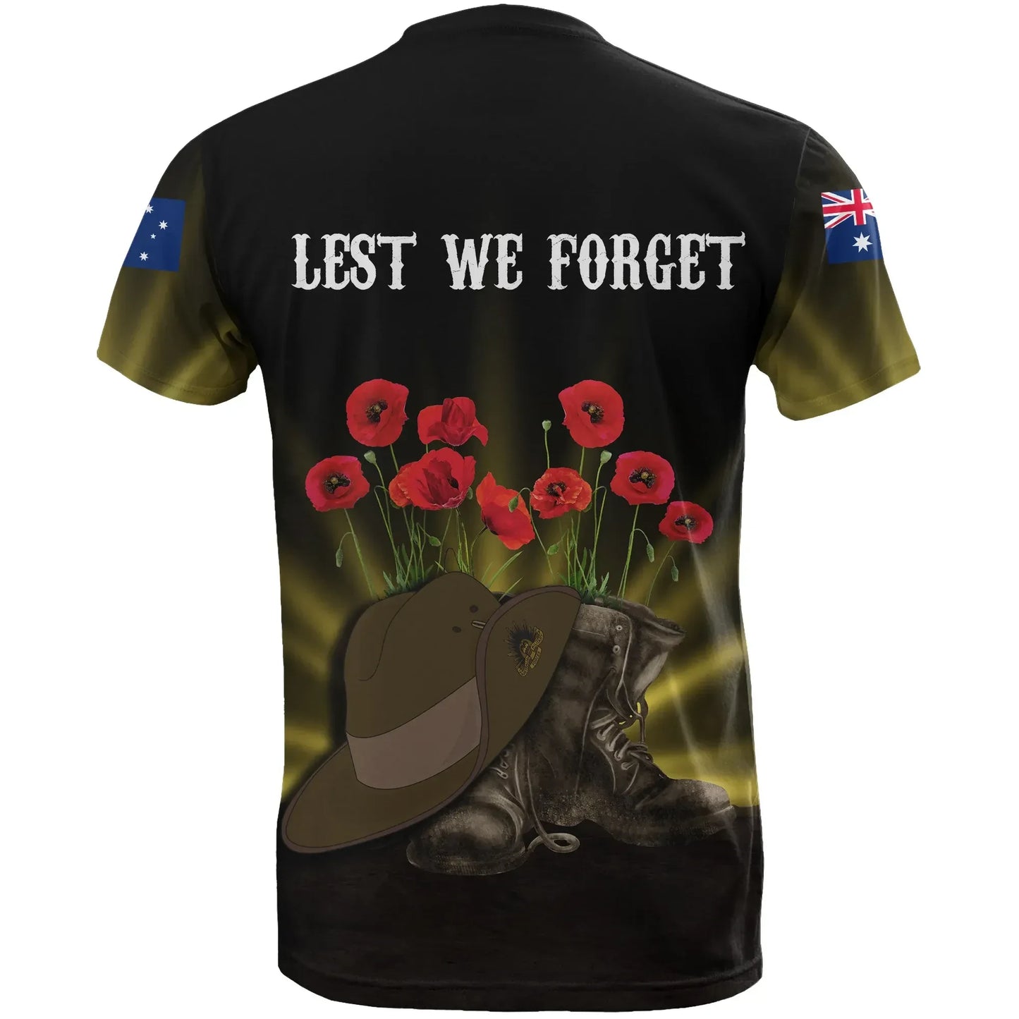 Australia Anzac Day T Shirt Lest We Forget Hat And Boots Poppies