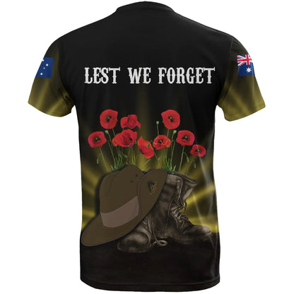 Australia Anzac Day T Shirt Lest We Forget Hat And Boots Poppies