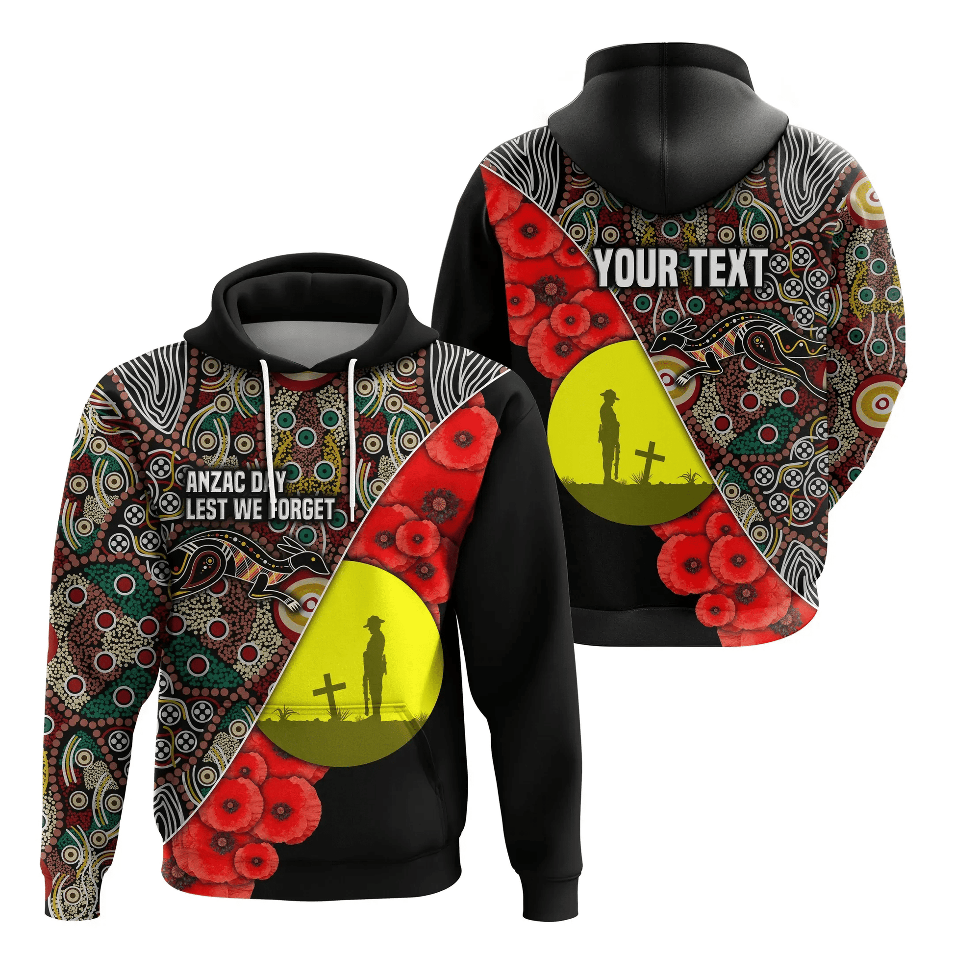 Custom Personalised Australian Anzac Day Hoodie Aboriginal Flag Style