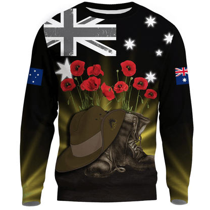 Australia Anzac Day Sweatshirt Lest We Forget Hat And Boots Poppies