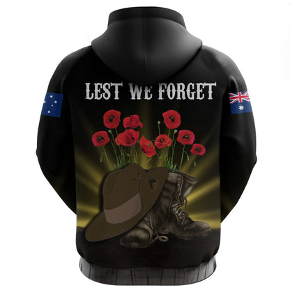 Australia Anzac Day Zip Hoodie Lest We Forget Hat And Boots Poppies