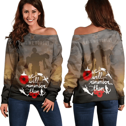 Anzac Day 2023 We Will Remember Them Women's Off Shoulder Sweater