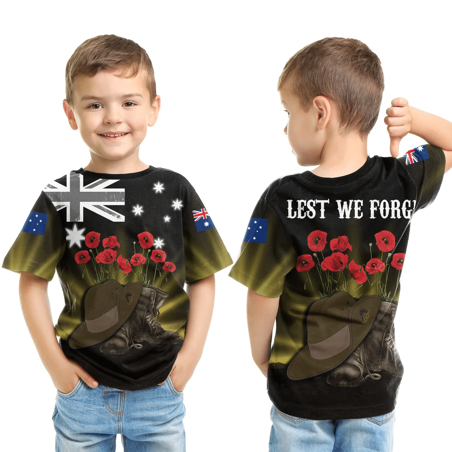 Australia T Shirt Kid Anzac Day Lest We Forget Hat And Boot Poppy