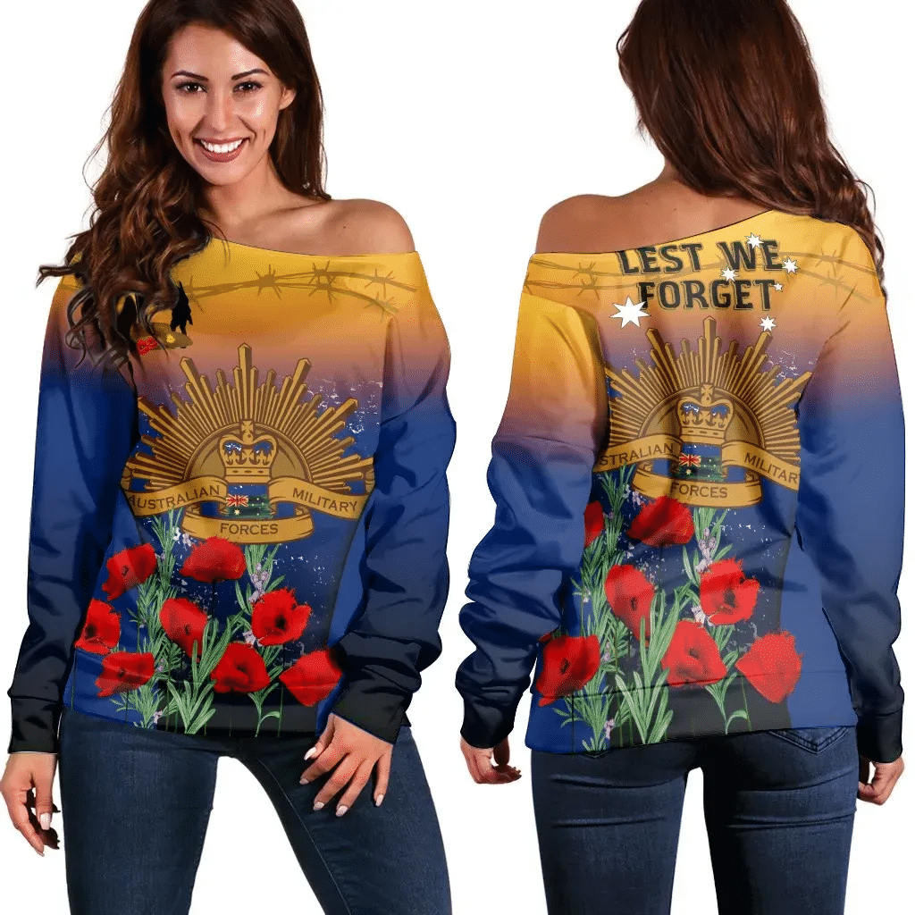 Australia Anzac Day Women's Off Shoulder Sweater Anzac Lest We Forget Poppy Rosemary