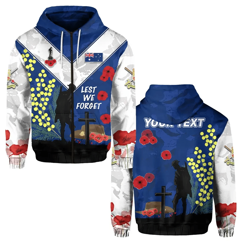 Custom Personalised Australian Anzac Day Zip Hoodie Lest We Forget 2023 Style Blue