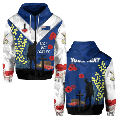 Custom Personalised Australian Anzac Day Zip Hoodie Lest We Forget 2023 Style Blue