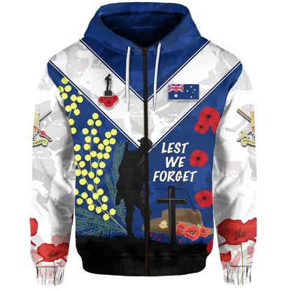 Custom Personalised Australian Anzac Day Zip Hoodie Lest We Forget 2023 Style Blue