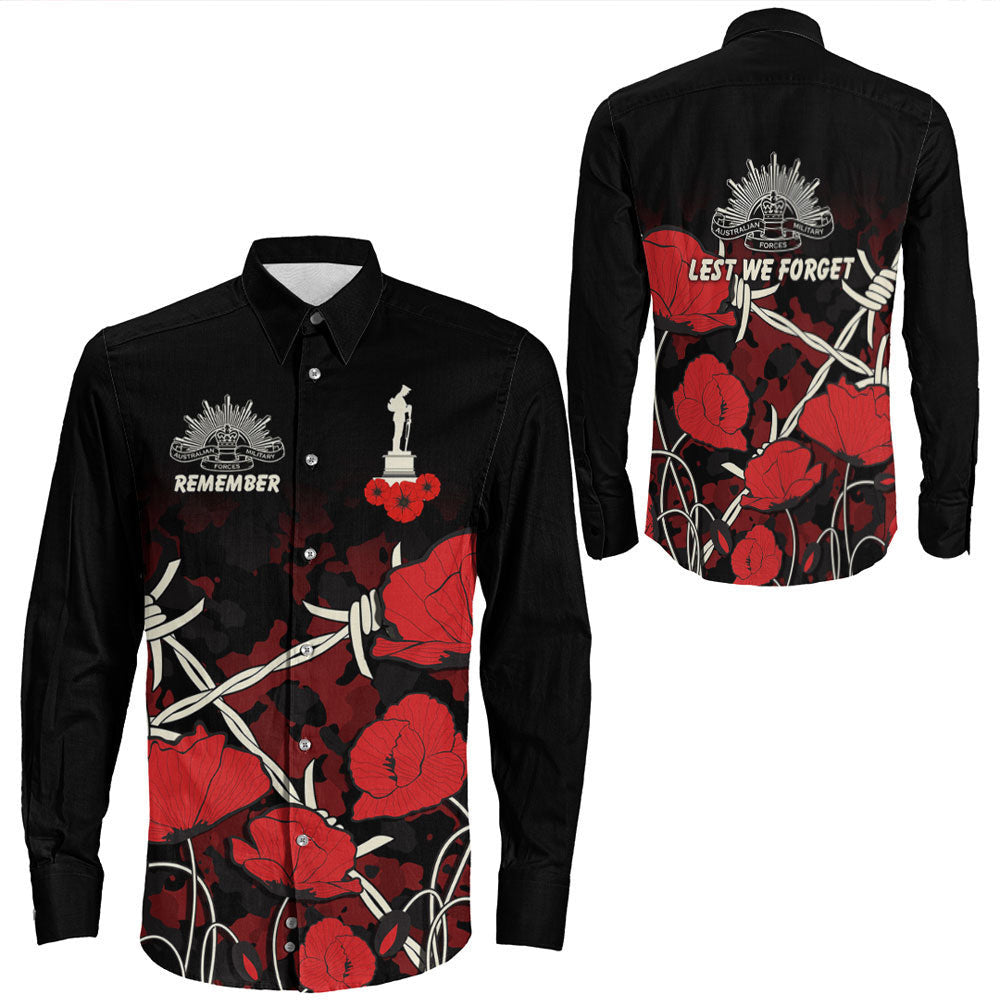 Rugbylife Clothing Anzac Day Camouflage Poppy & Barbed Wire Long Sleeve Button Shirt