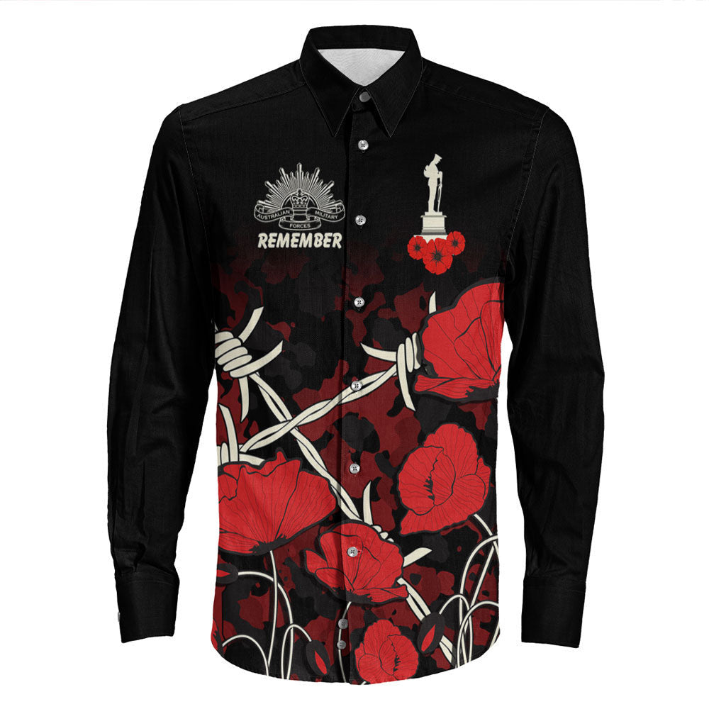 Rugbylife Clothing Anzac Day Camouflage Poppy & Barbed Wire Long Sleeve Button Shirt