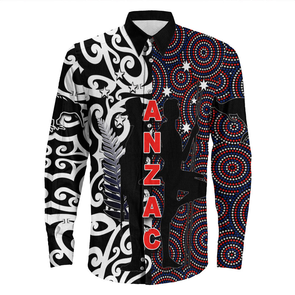 Rugbylife Clothing Anzac Day Kangaroo Aboriginal & Kiwi Maori Long Sleeve Button Shirt