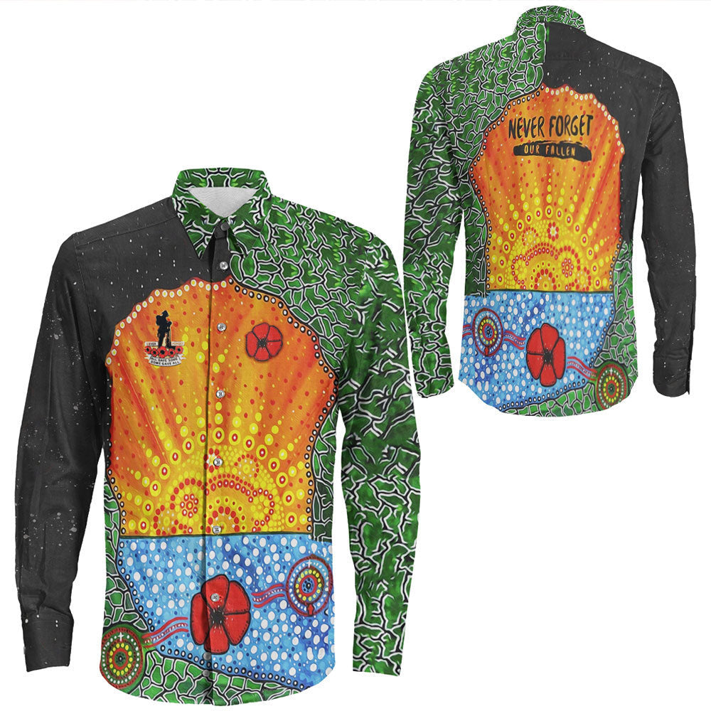Rugbylife Clothing Aboriginal Australian Anzac Day Lest We Forget Poppy Long Sleeve Button Shirt