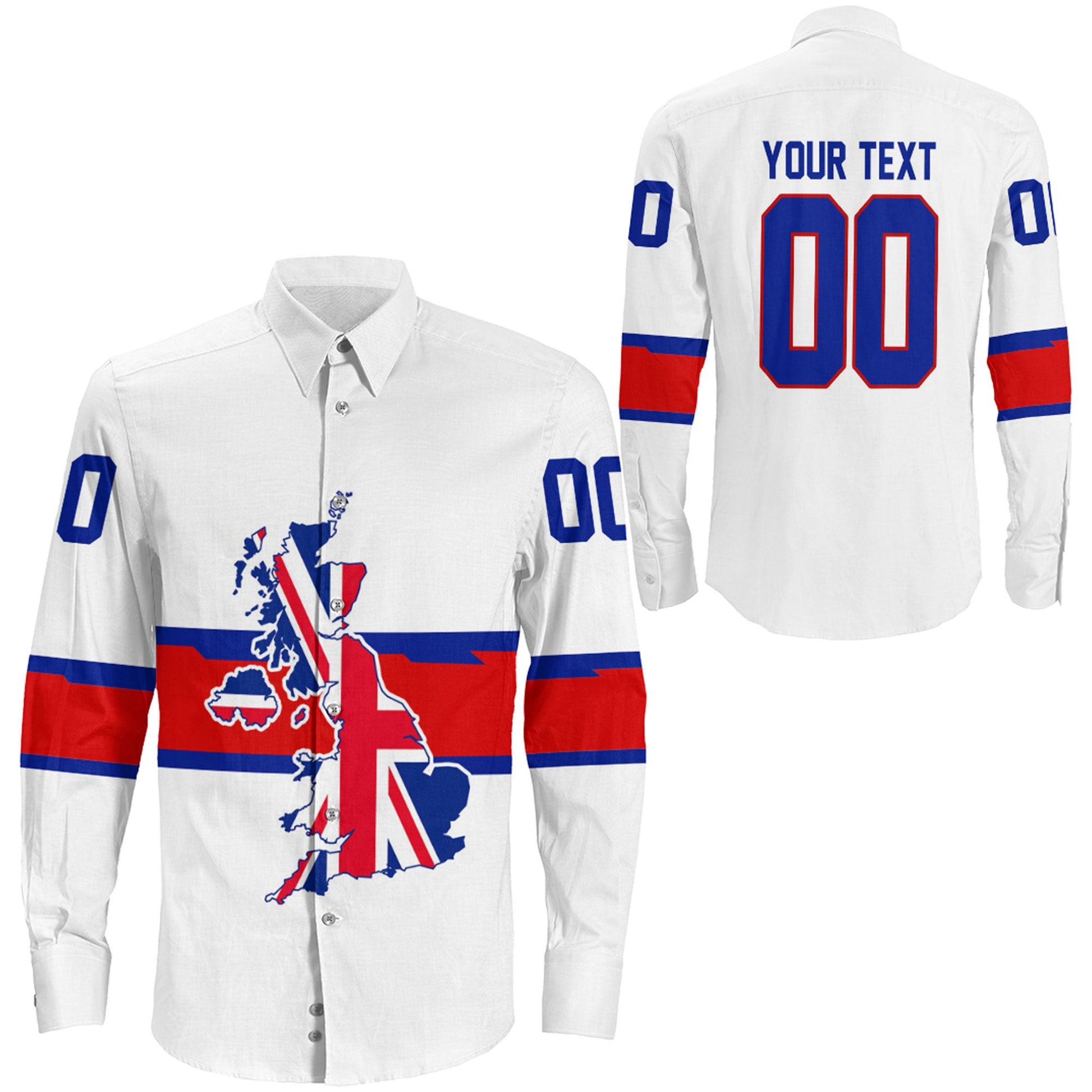 Clothing Custom Great Britain White Version Team Hockey Jersey Style Long Sleeve Button Shirt