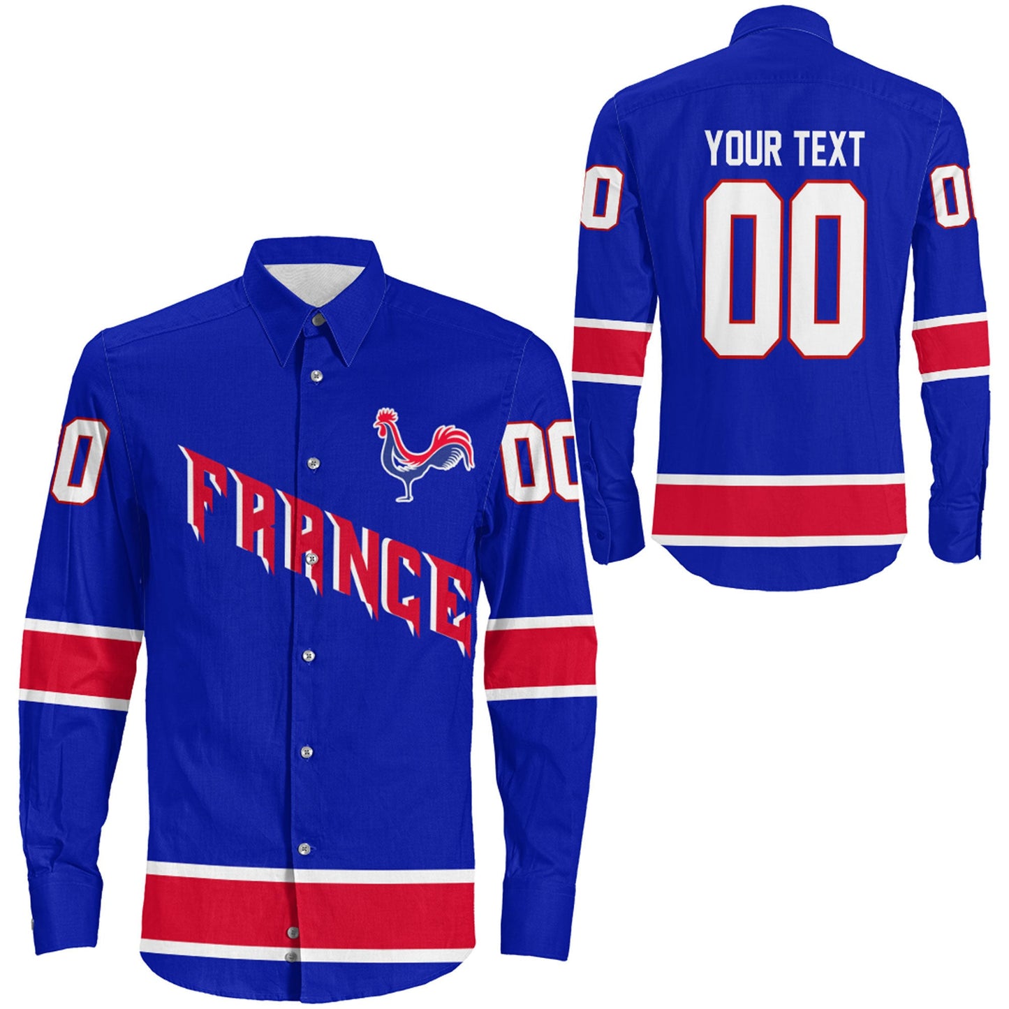 Clothing Custom France Classic Hockey Jersey Style Blue Verison Long Sleeve Button Shirt