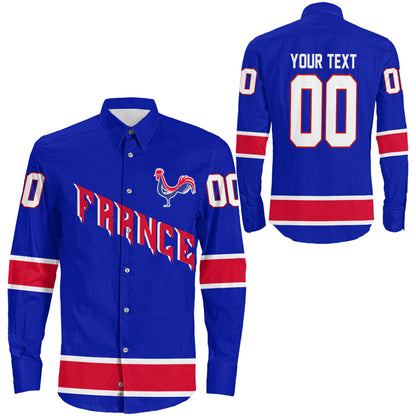 Clothing Custom France Classic Hockey Jersey Style Blue Verison Long Sleeve Button Shirt