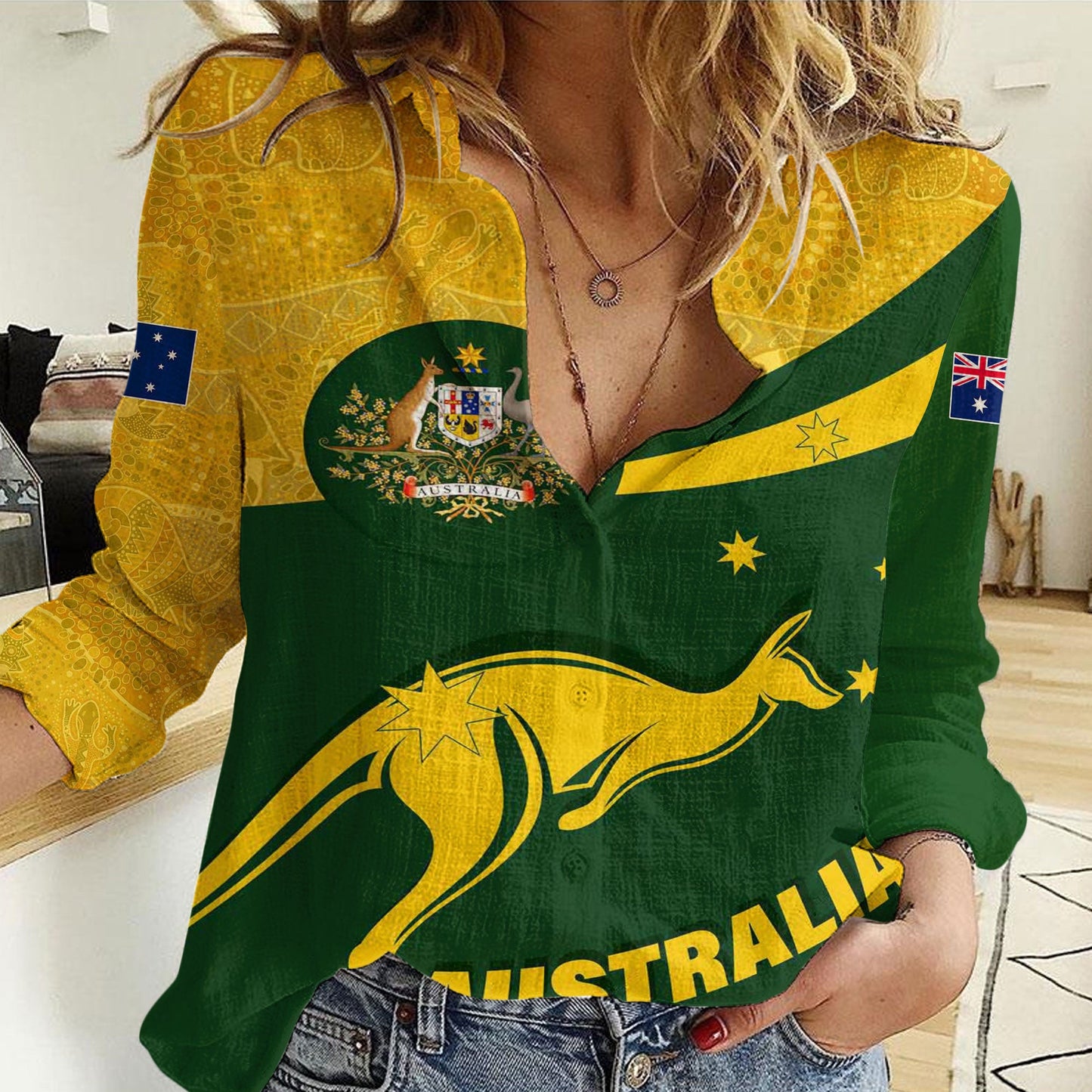 Clothing Australia Coat Of Arms Active Sport Pattern Gold Women Casual Shirt