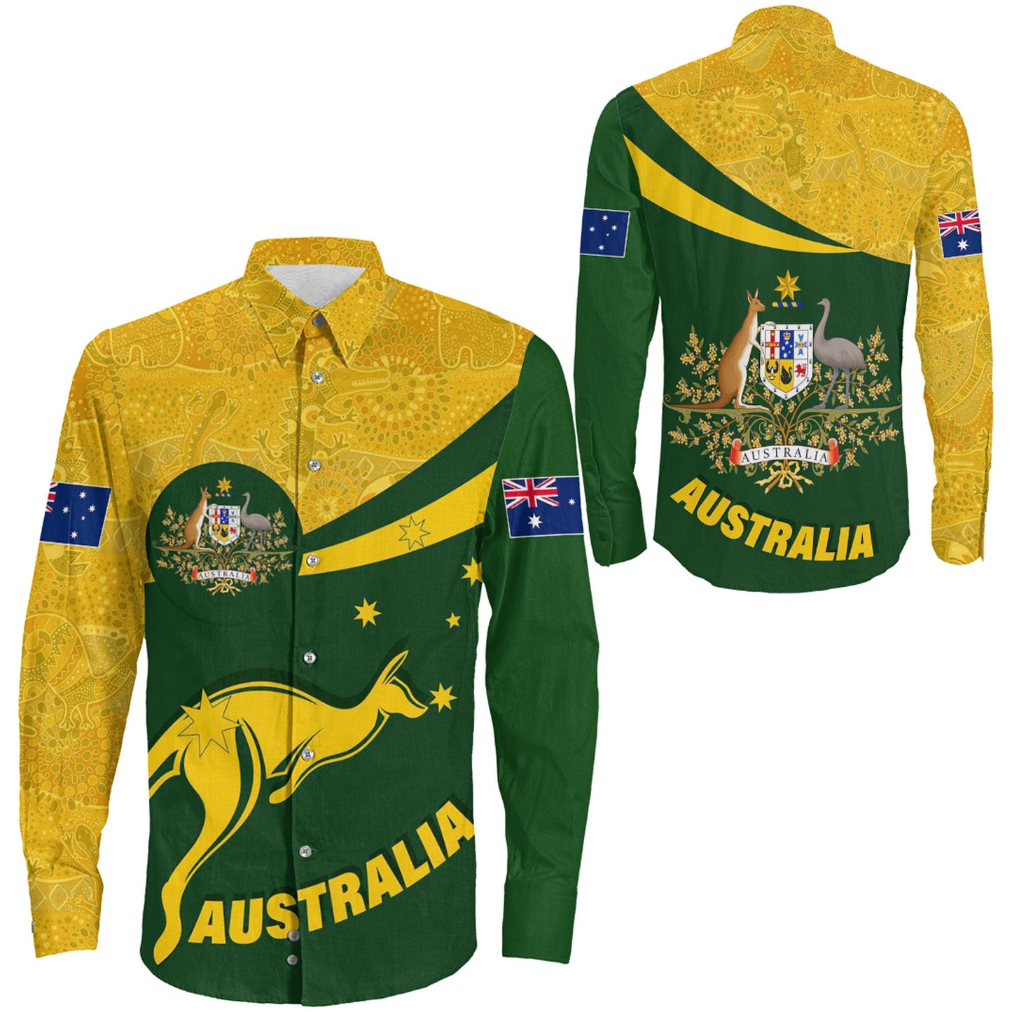 Clothing Australia Coat Of Arms Active Sport Pattern Gold Long Sleeve Button Shirt