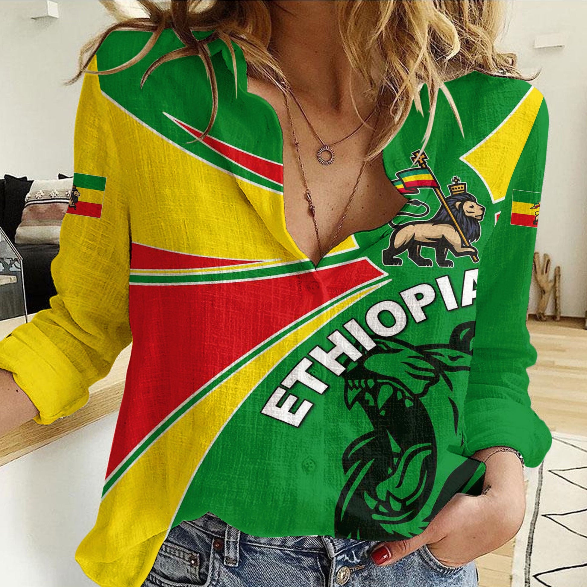Clothing Ethiopia Round Coat Of Arms Lion Women Casual Shirt