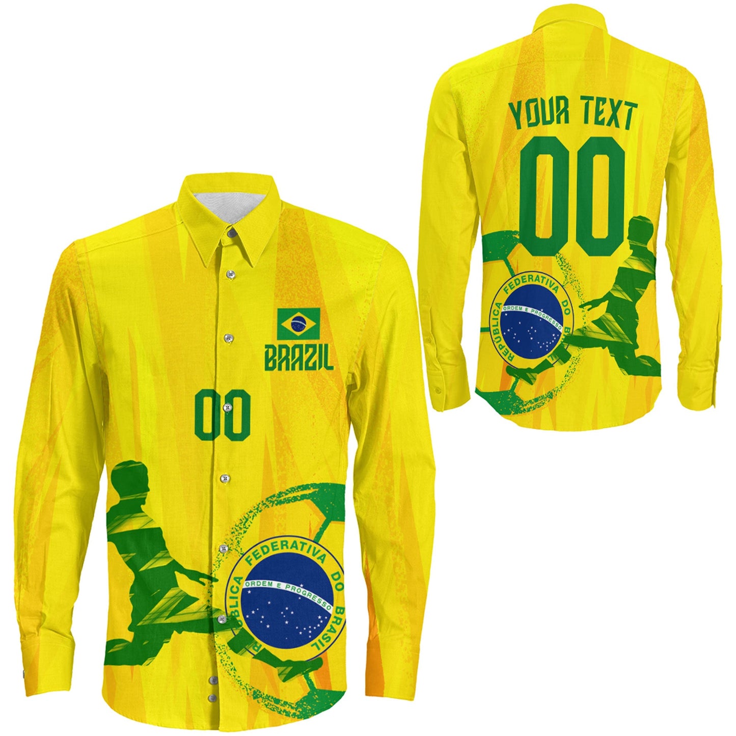 Clothing Custom Brazil Football Fan Long Sleeve Button Shirt