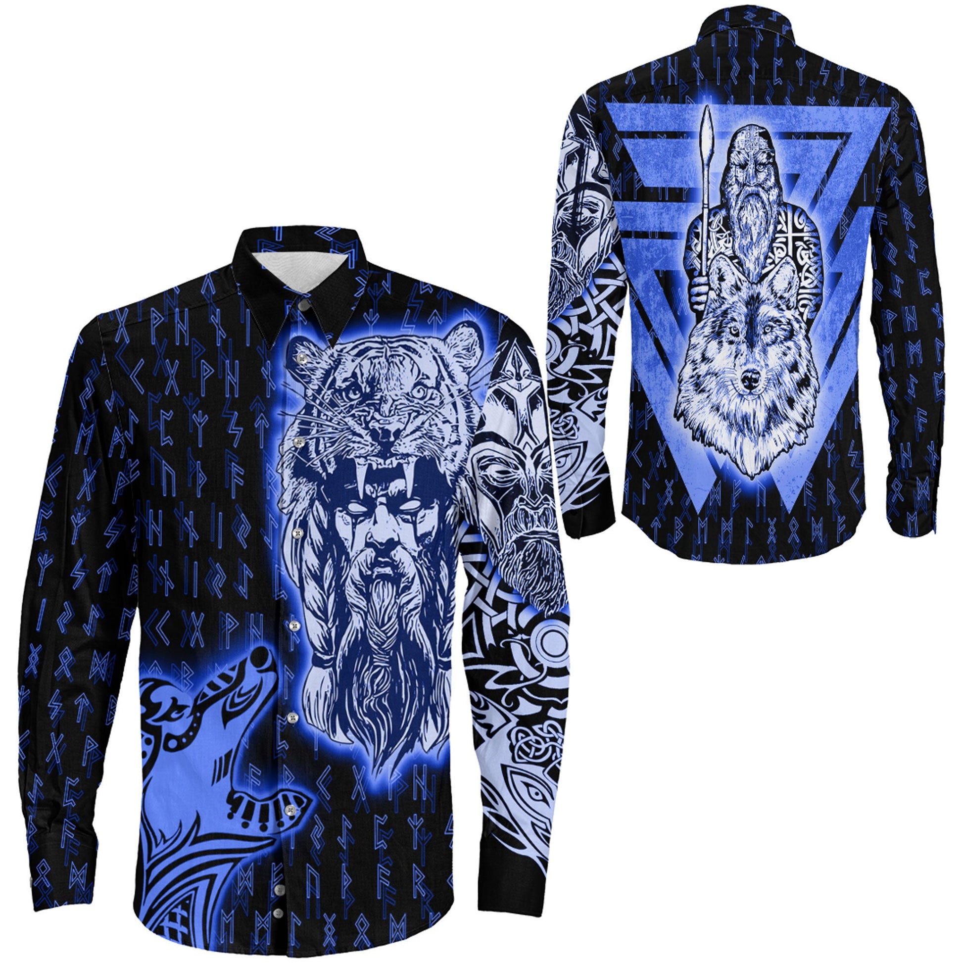 Clothing Odin And Wolf Viking Blue Version Long Sleeve Button Shirt