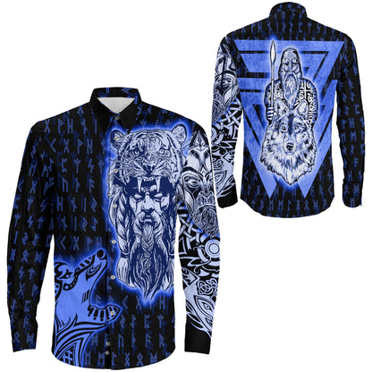Clothing Odin And Wolf Viking Blue Version Long Sleeve Button Shirt