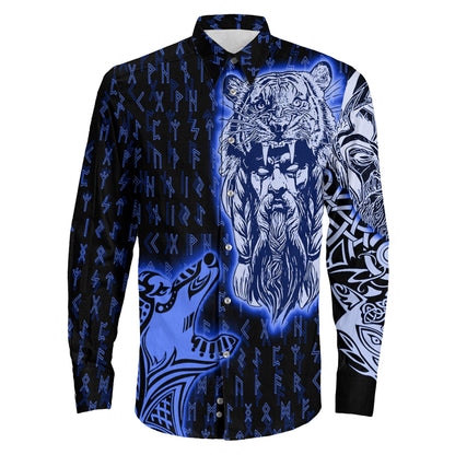 Clothing Odin And Wolf Viking Blue Version Long Sleeve Button Shirt