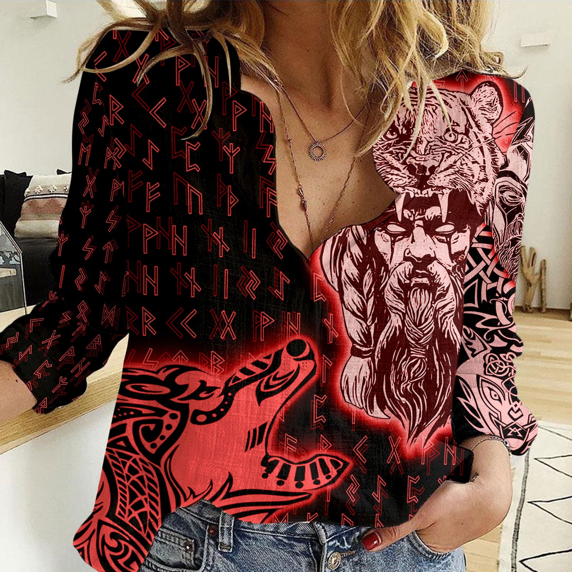 Clothing Odin and Wolf Viking Red Version Women Casual Shirt