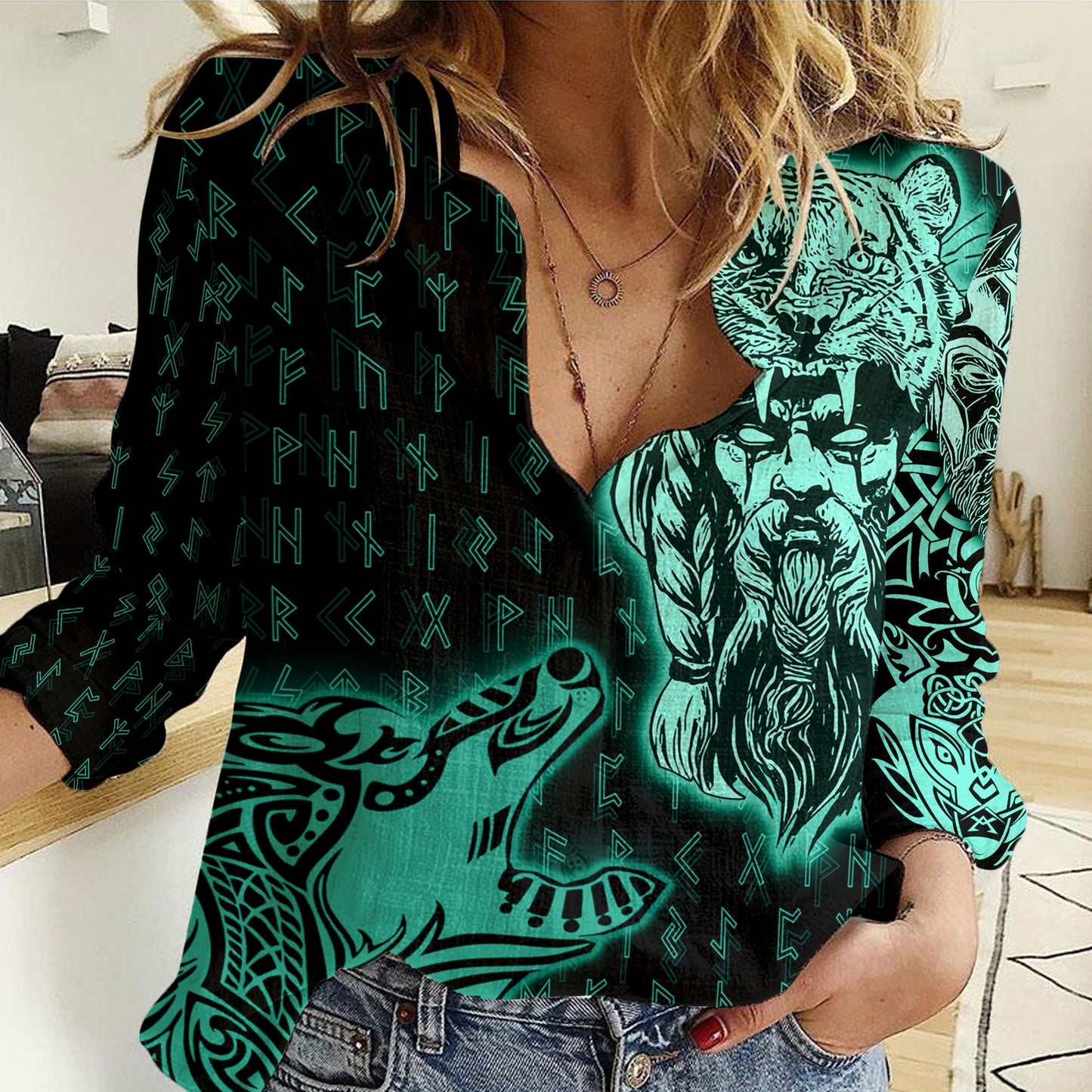 Clothing Odin and Wolf Viking Turquoise Version Women Casual Shirt