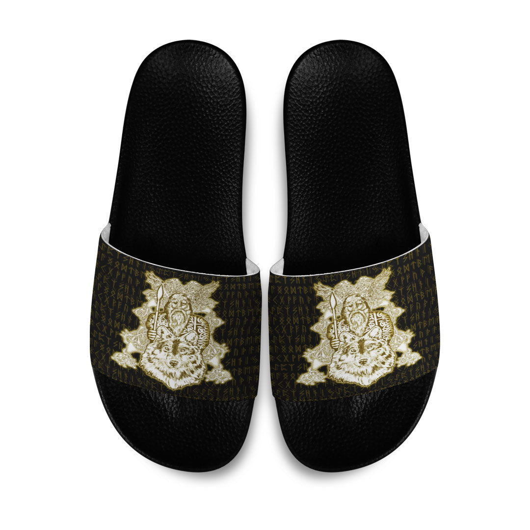 Slide Sandals Odin Wolf Viking Gold Slide Sandals