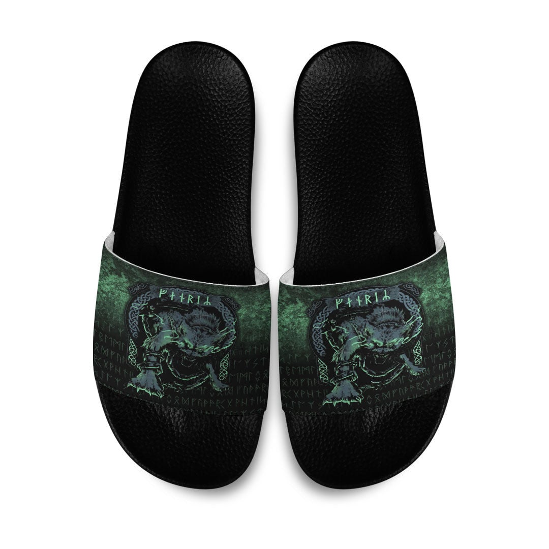 Slide Sandals Fenrir Wolf Norse Futhark Runes Viking Mythology Ragnarok Green Slide Sandals