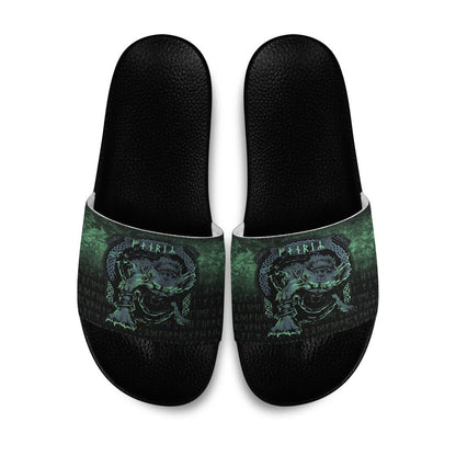 Slide Sandals Fenrir Wolf Norse Futhark Runes Viking Mythology Ragnarok Green Slide Sandals