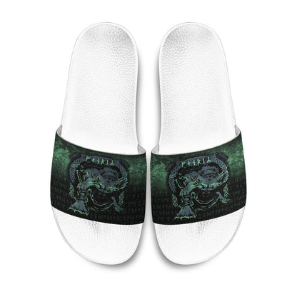 Slide Sandals Fenrir Wolf Norse Futhark Runes Viking Mythology Ragnarok Green Slide Sandals