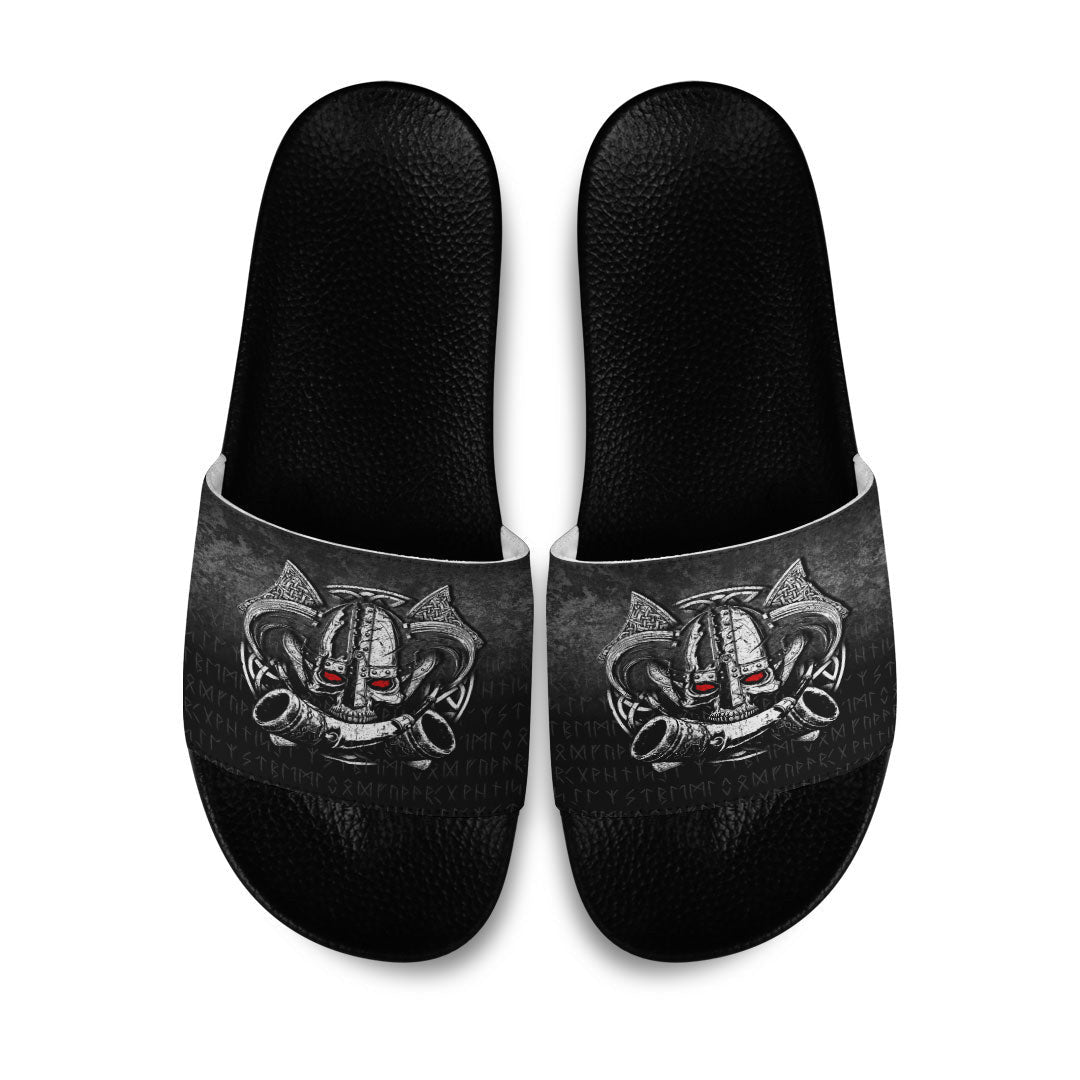 Slide Sandals Nordic Mythology Skull Mead Horn Warrior Runes Viking Slide Sandals