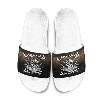 Slide Sandals Valhalla Awaits Viking Skull Warrior Axe Slide Sandals