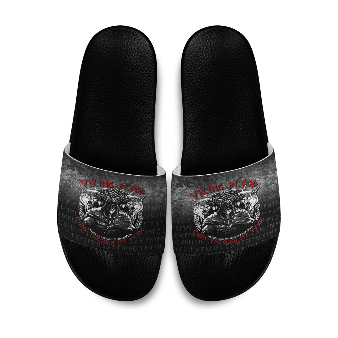 Slide Sandals Odin Geri And Freki Wolfs Viking Blood Runs Through My Veins Slide Sandals