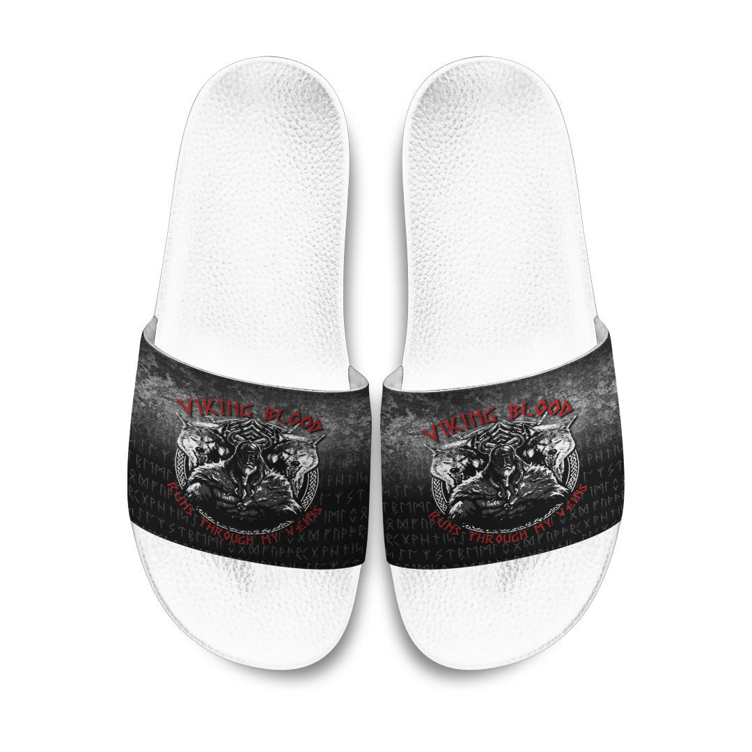 Slide Sandals Odin Geri And Freki Wolfs Viking Blood Runs Through My Veins Slide Sandals