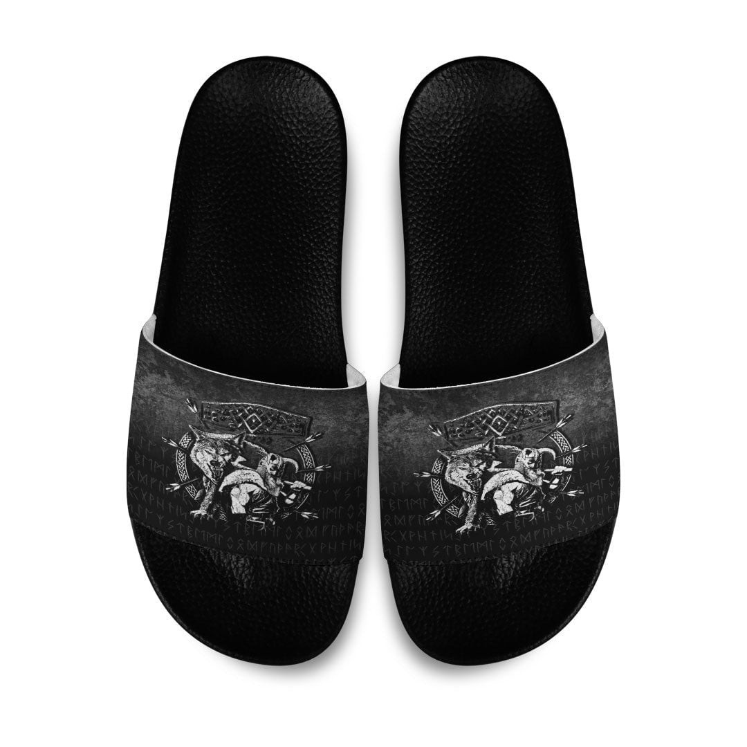 Slide Sandals Fenrir Wolf Of Odin Norse Runes Thor Hammer Mjolnir Slide Sandals