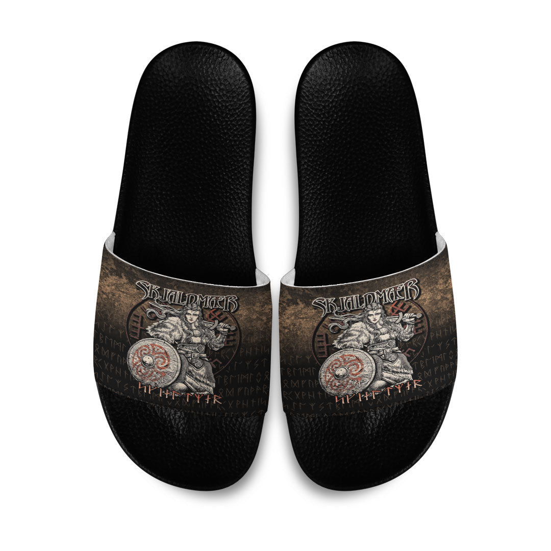 Slide Sandals Skjaldmaer Shieldmaiden Norse Younger Futhark Runes Female Viking Warrior Vegvisir Slide Sandals
